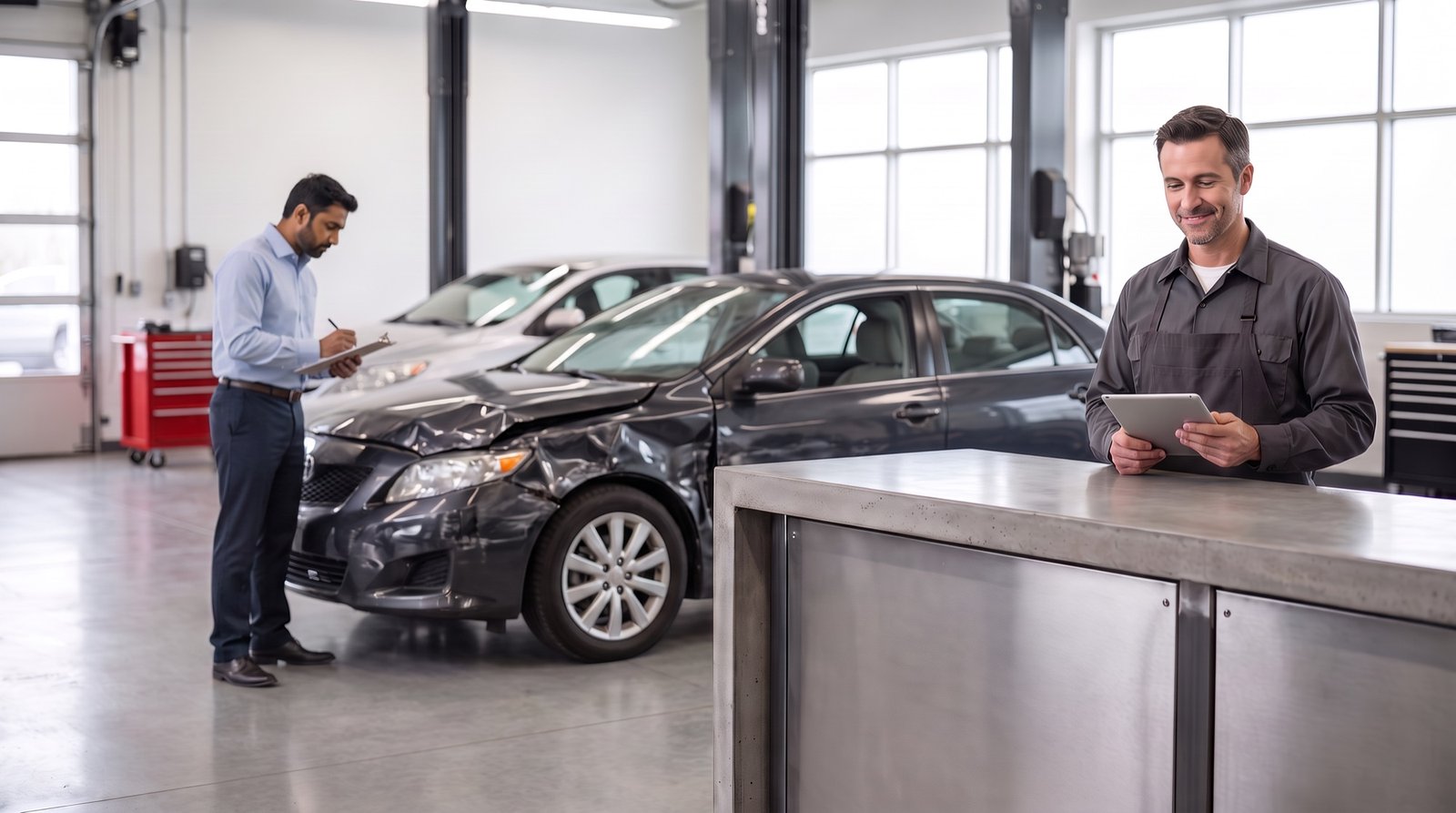 An auto body shop owner with a tablet at the front counter while an estimator inspects a damaged car