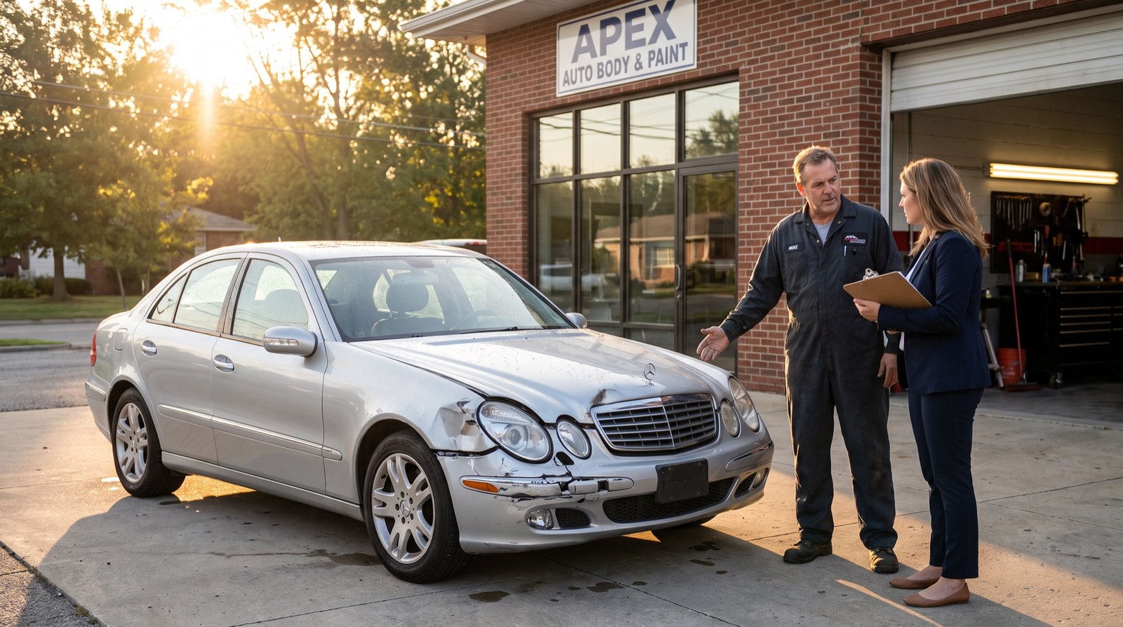 An auto body shop owner with a tablet at the front counter while an estimator inspects a damaged car