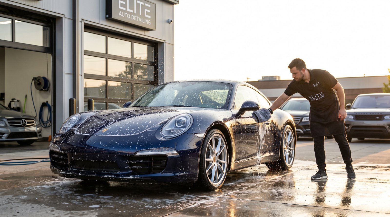 An auto body shop owner with a tablet at the front counter while an estimator inspects a damaged car